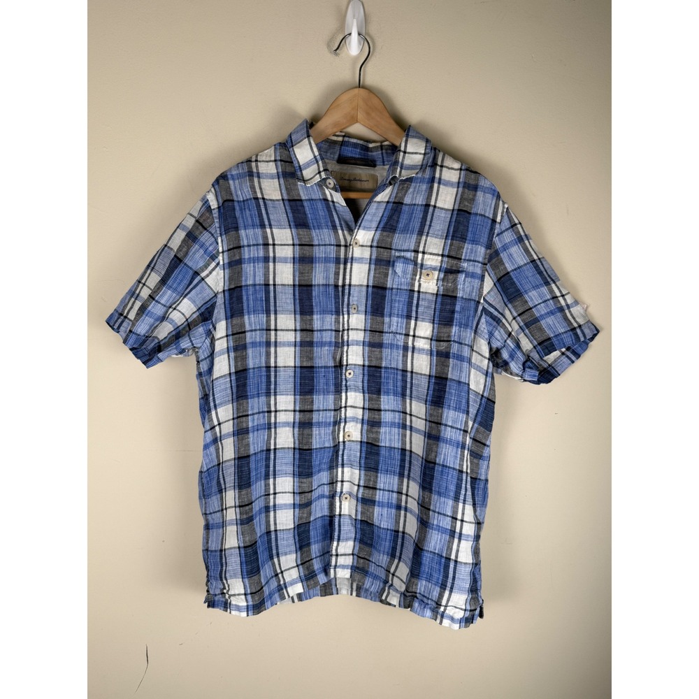 Tommy Bahama Island Modern Fit Blue Plaid 100% Linen Short Sleeve Shirt Size LG